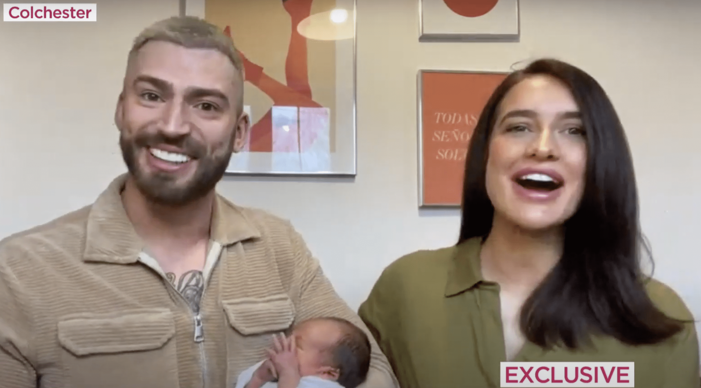 Screengrab of Jake Quickenden and Sophie Church holding their child