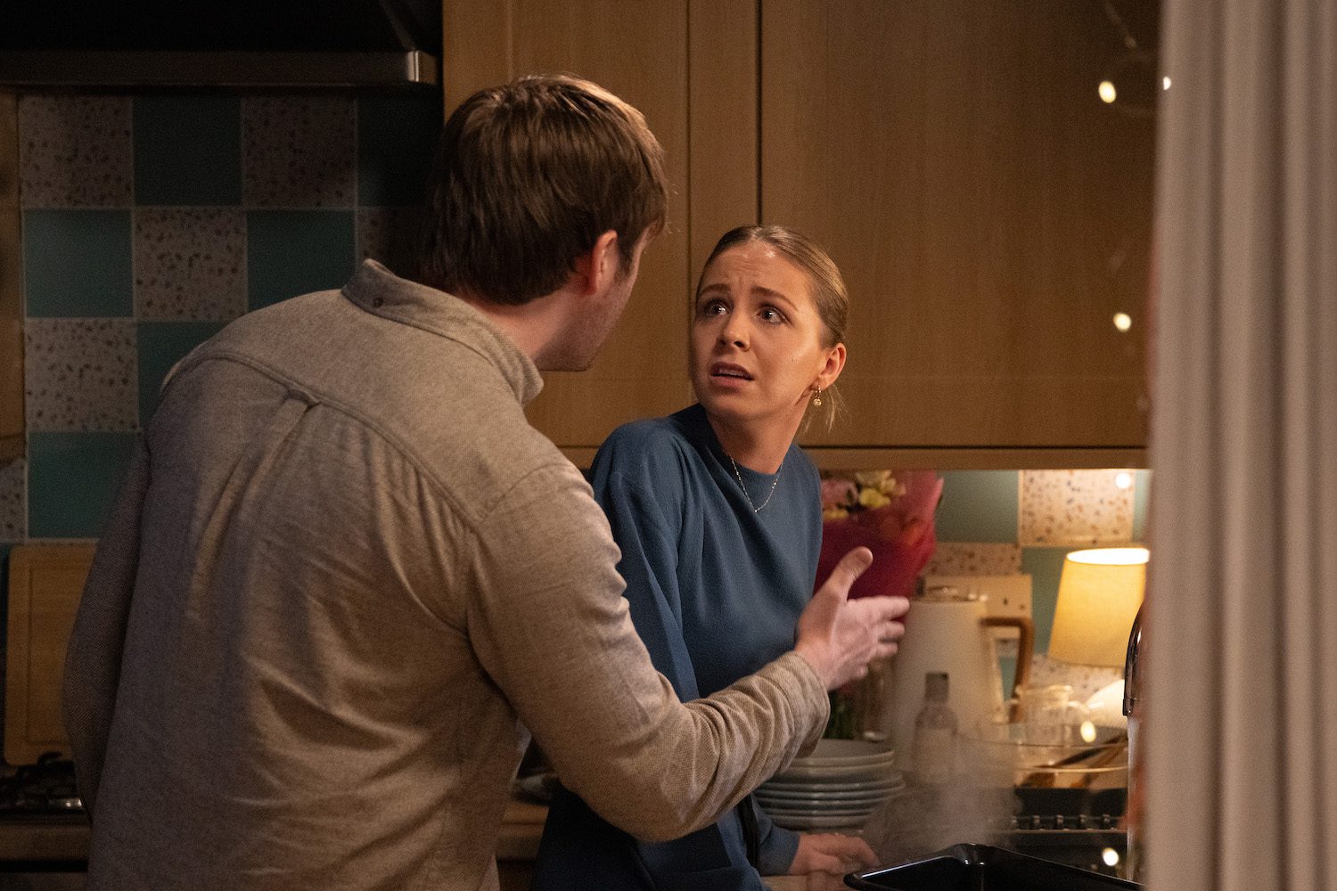 Tom King looms over wife Belle Dingle who looks scared