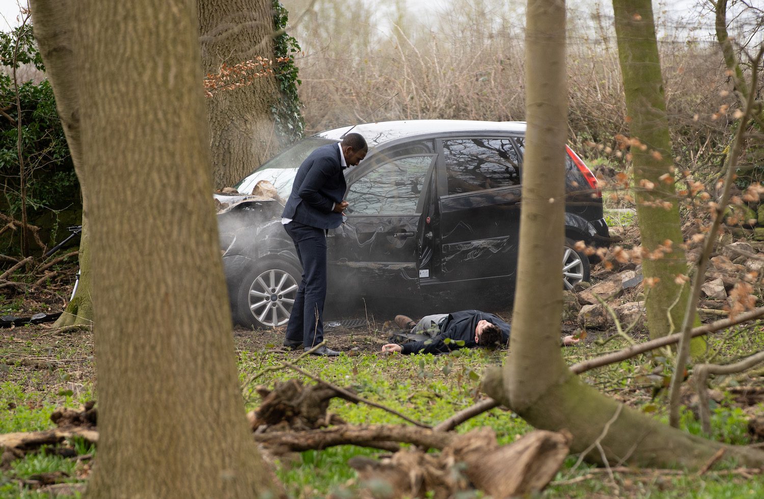 A car crash in Emmerdale sees Ethan panic and Nicky unconscious