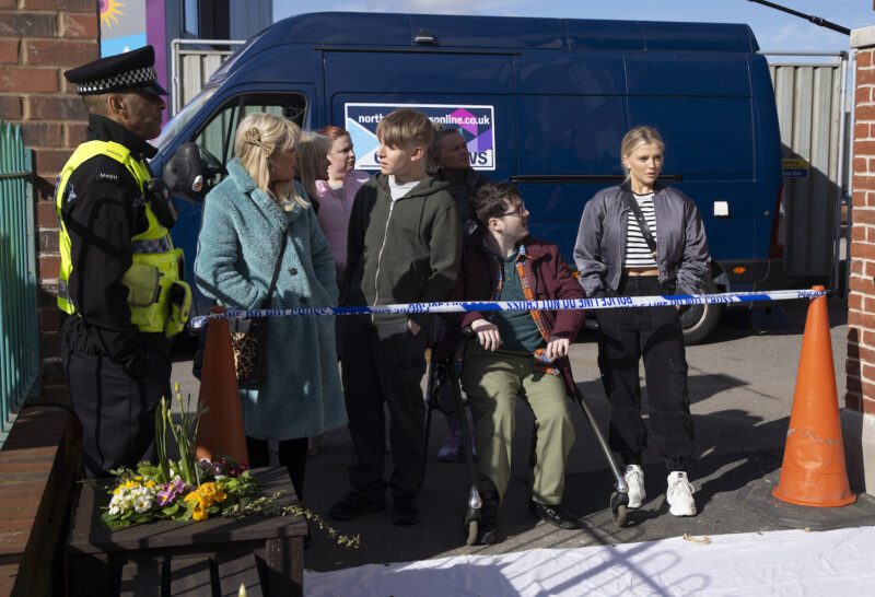 Beth, Max, Bobby and Bethany watch in horror at the reconstruction in Corrie