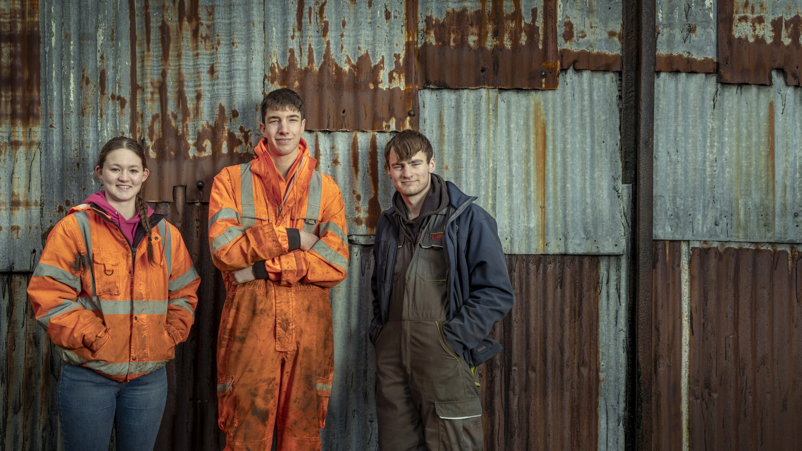 Sarah Dow, Reuben Owen, and Tommy McWhirter in farm gear for My Life in the Dales