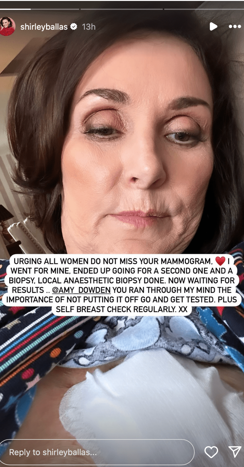 Strictly star Shirley Ballas showing bandage on chest via Instagram