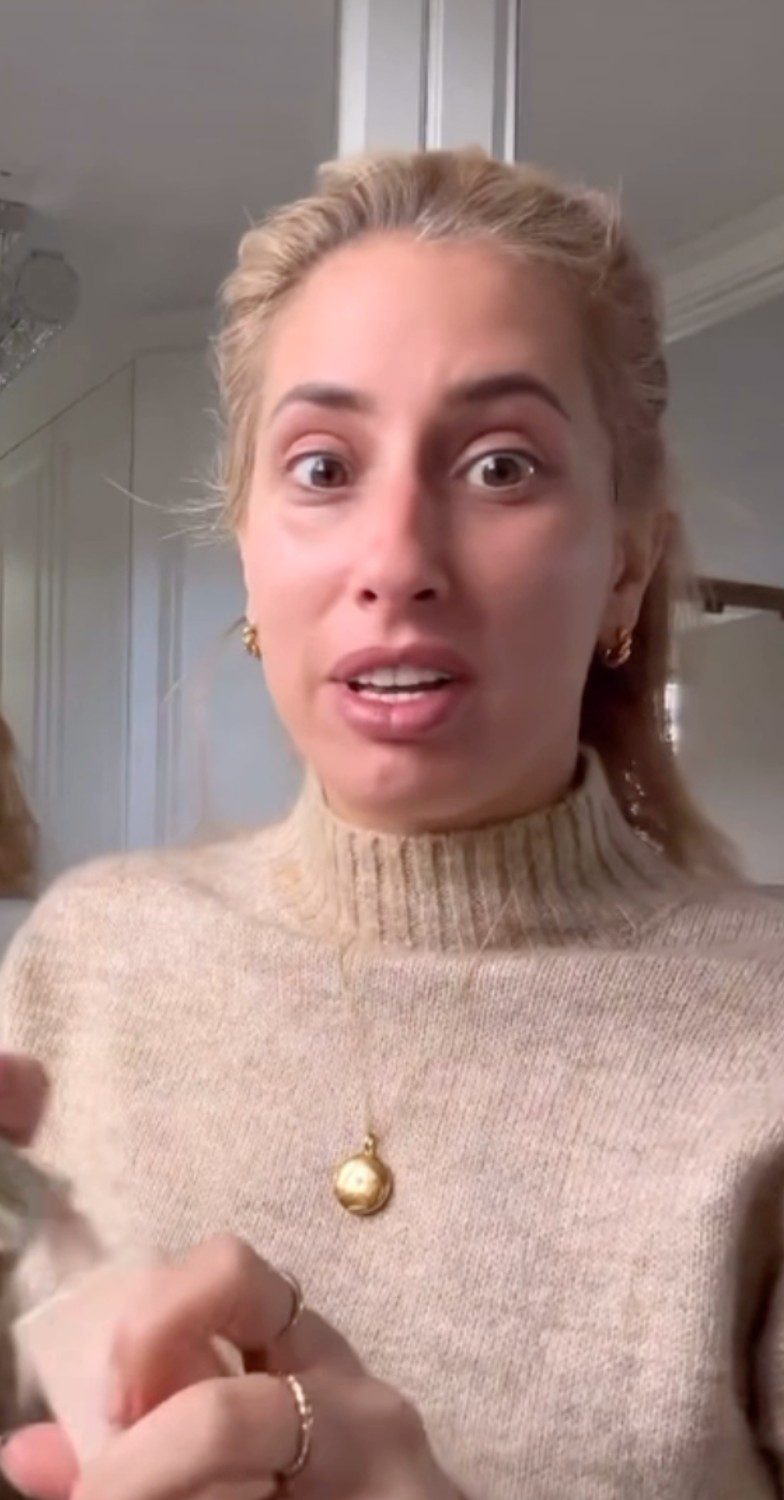 Renovation Rescue's Stacey Solomon with shocked expression talking to camera wearing jumper
