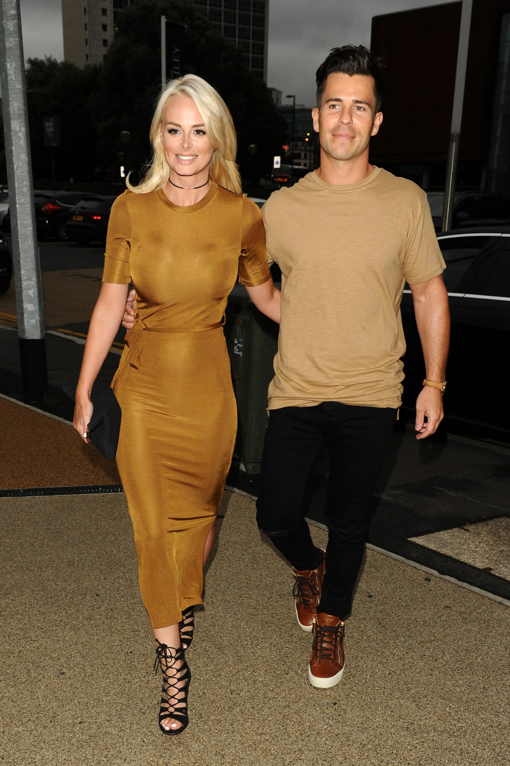 Rhian Sugden and Oliver Mellor wearing camel coloured clothes on a night out