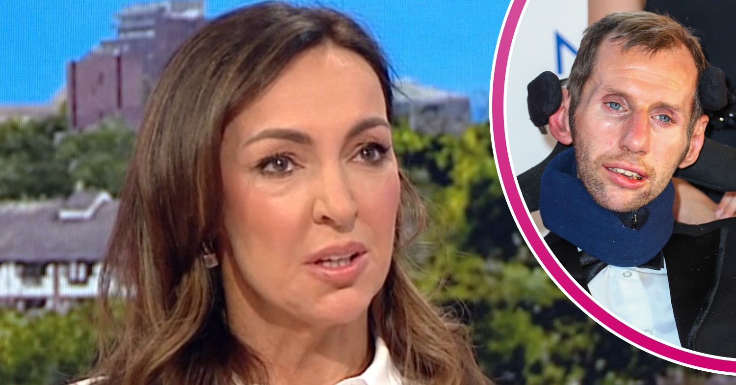 Sally Nugent with emotional expression wearing a white blouse on BBC Breakfast beside rugby star Rob Burrow in wheelchair