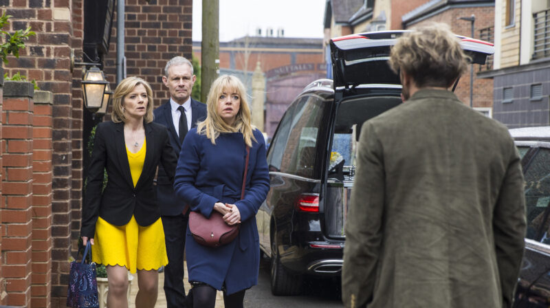 Toyah in Corrie is furious to see Rowan at Rose's funeral as Leanne and Nick hold her back