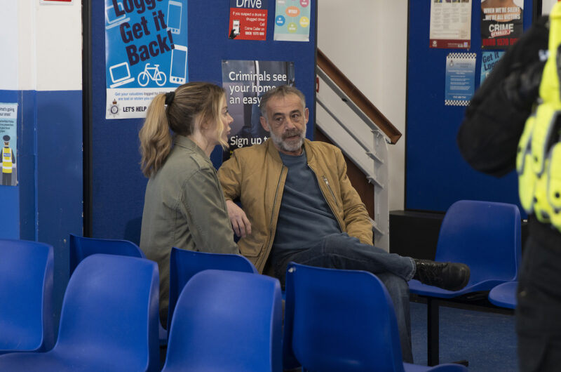 Abi and Kevin in Coronation Street look frustrated at the police station