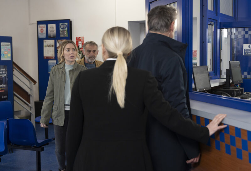 Coronation Street: Abi and Kevin look shocked to see Swain hauling Stefan to the police station.