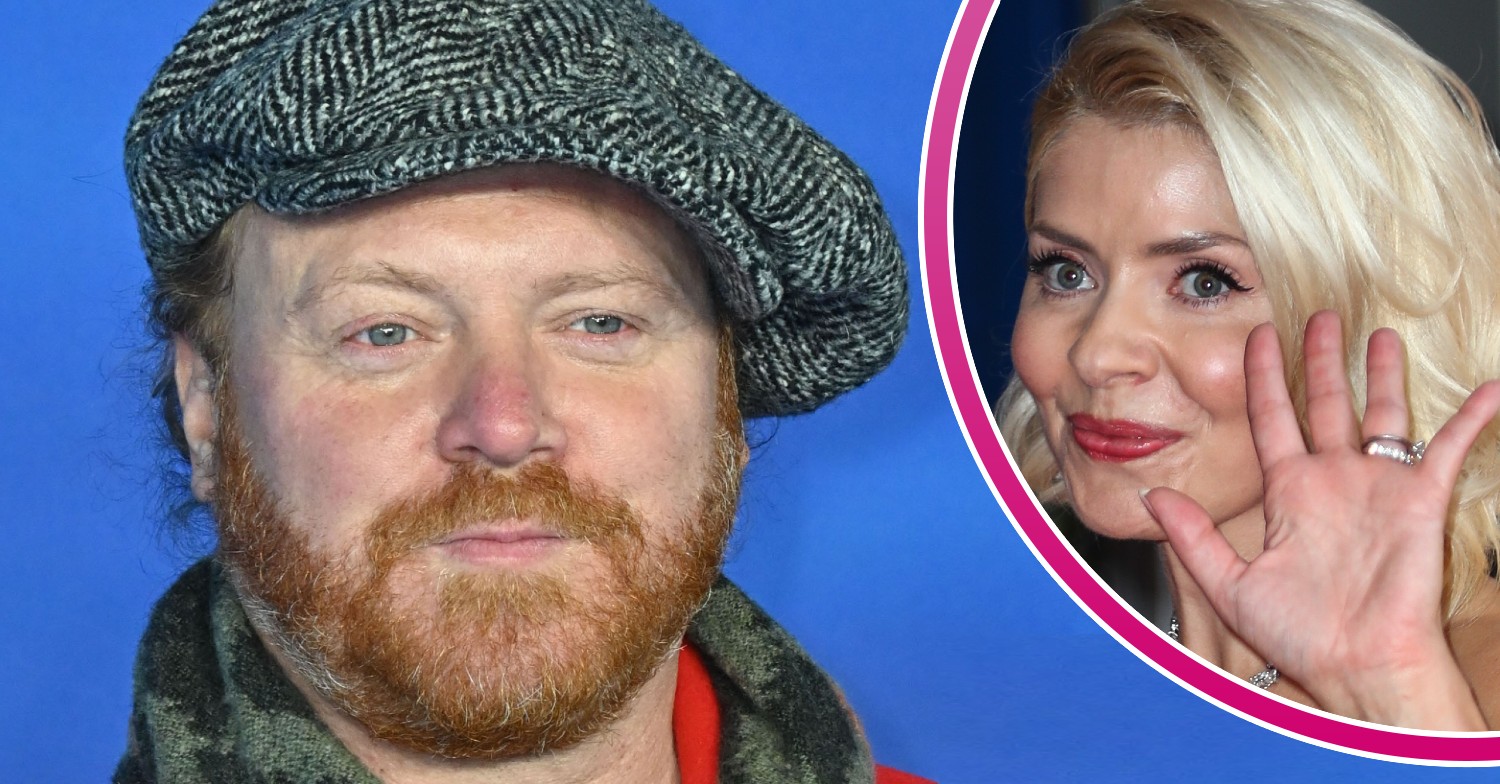 Keith Lemon wearing a flat cap, with inset Holly Willoughby waving