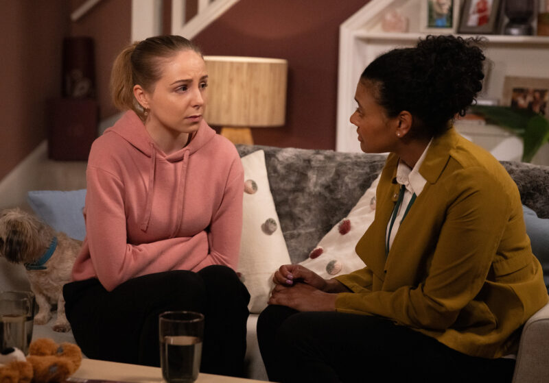 Belle talking to Rachel on Emmerdale