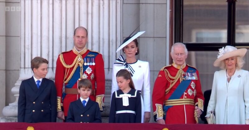 Prince George, Prince Louis, Princess Charlotte, Princess Kate, Prince William, King Charles, Queen Camilla on the balcony