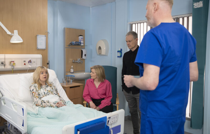 Nick, Leanne and Toyah in hospital on Corrie as a doctor talks to them