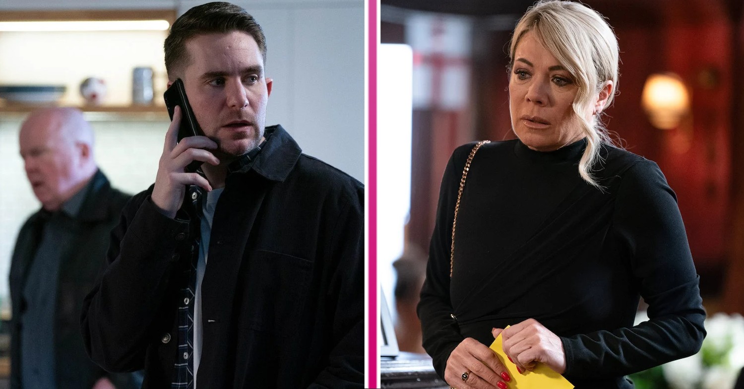 Callum on the phone; Sharon holding a yellow envelope (Credit: BBC/ Composite ED!)