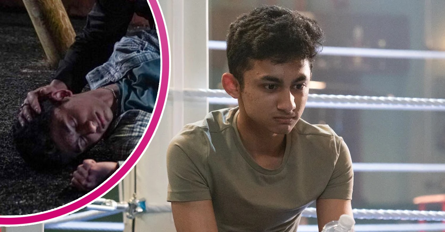 Nugget looks worried on EastEnders; inset, passed out (Credit: BBC/Composite: ED!)