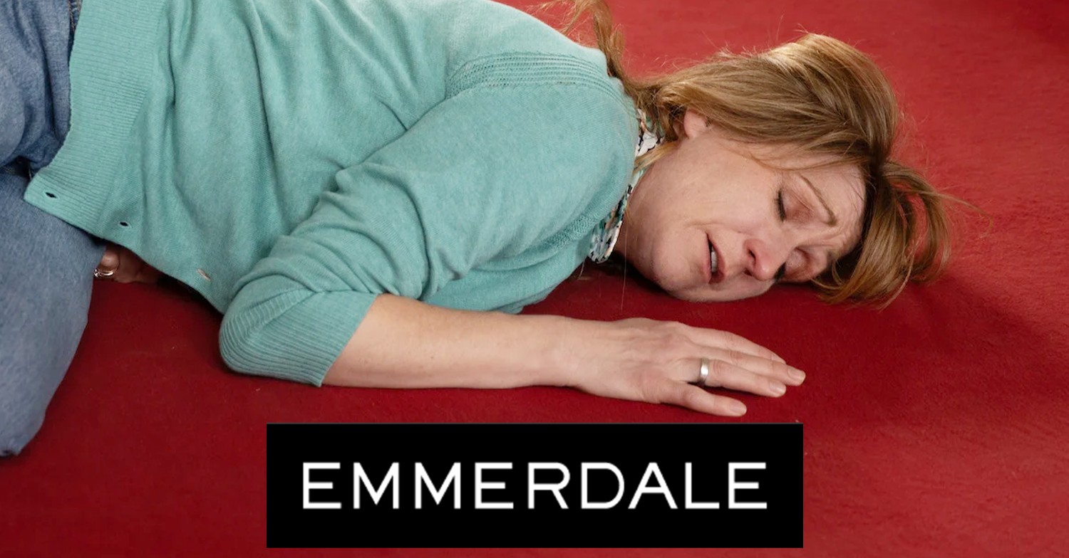 Laurel unconscious on Emmerdale; inset, soap logo (Credit: ITV/Composite: ED!)
