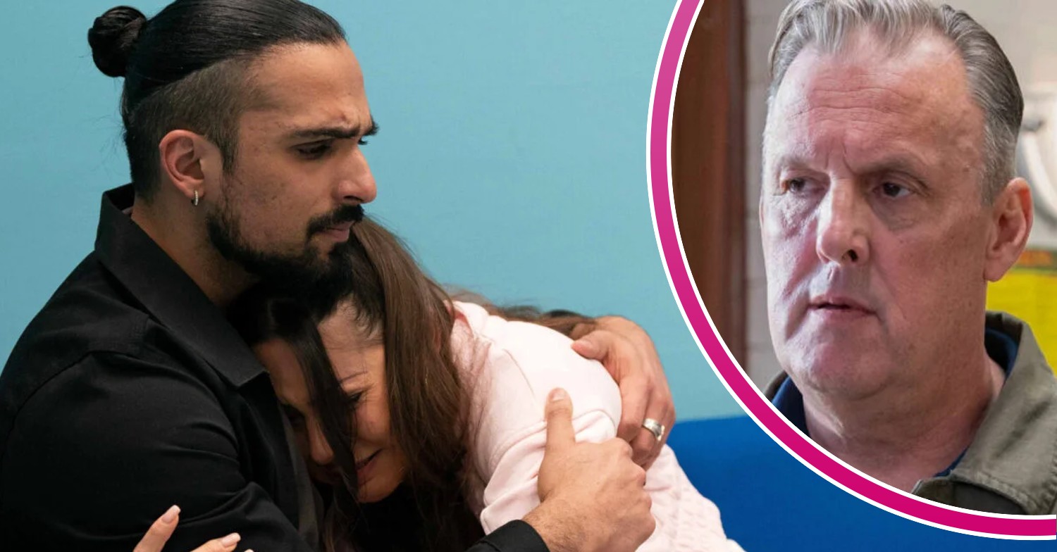 Ravi comforts Priya and Harvey looks concerned in EastEnders comp image (Credit: ITV/Comp ED!)