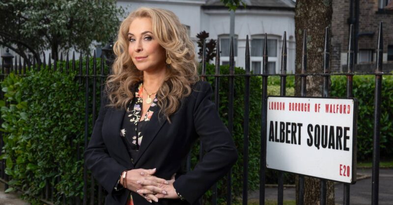 Tracy-Ann Oberman smiles in character as EastEnders' Chrissie Watts