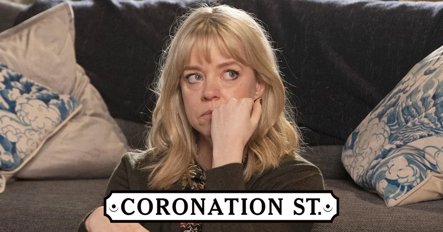Toyah looking worried on Corrie, soap logo inset (Credit: ITV/Composite: ED!)