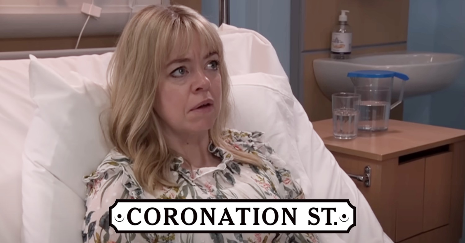 Toyah looks shocked on Corrie; inset, soap logo (Credit: ITV/Composite: ED!)