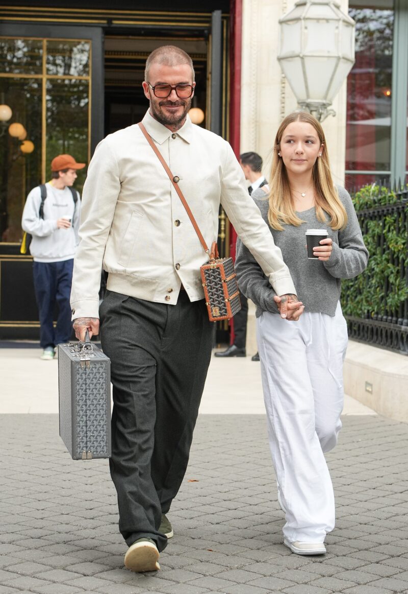 David Beckham and daughter Harper walking