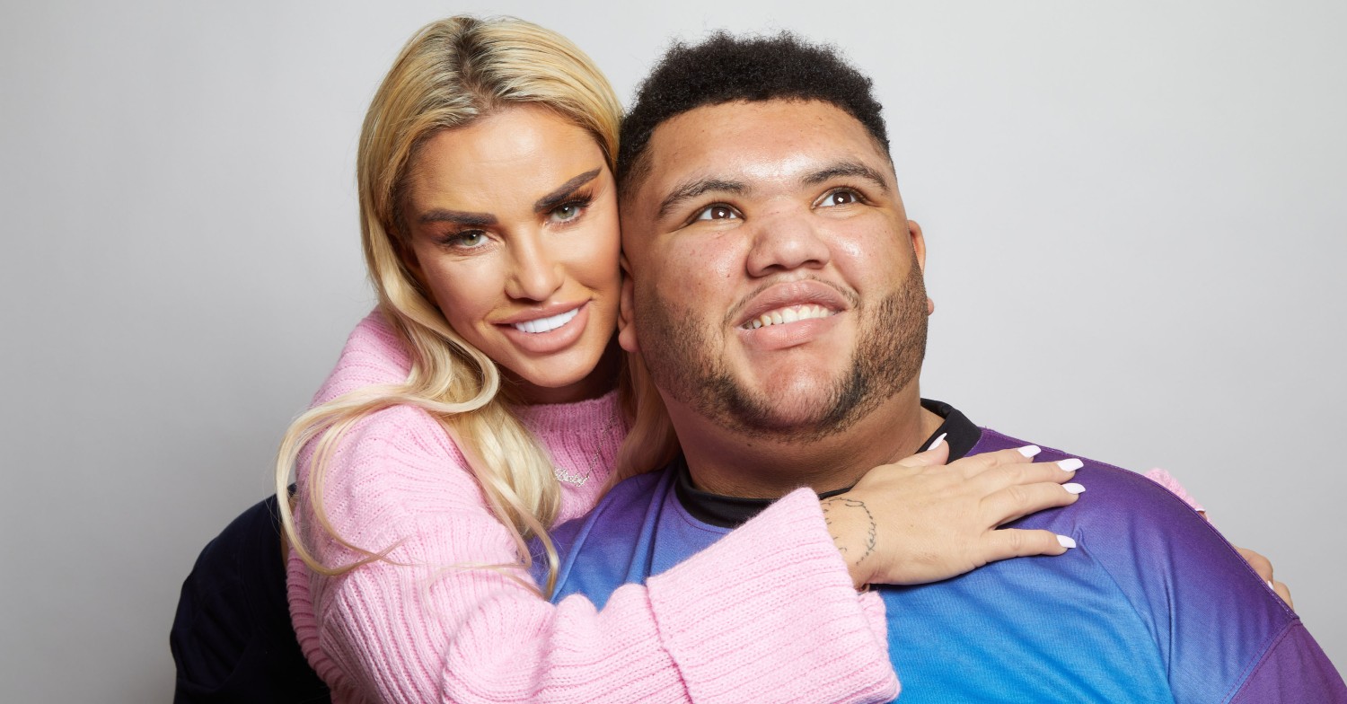 Katie Price and Harvey Price hugging and smiling