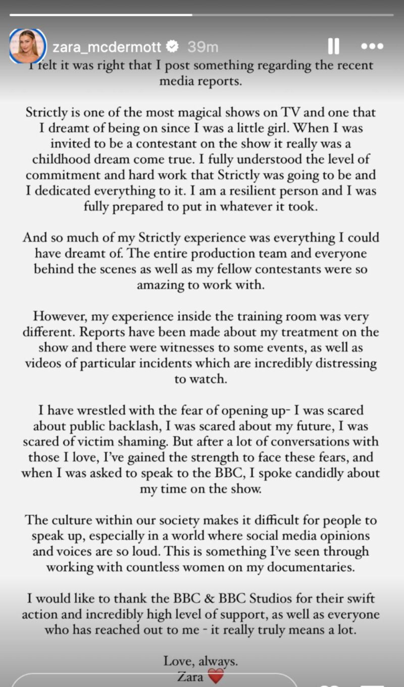 Zara McDermott Instagram statement
