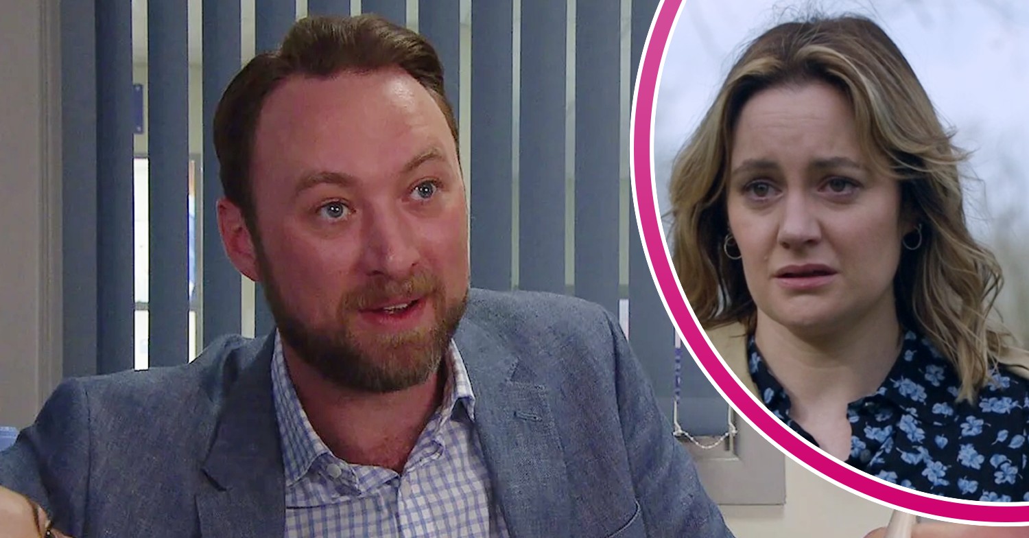 Doctor Liam smiling on Emmerdale; inset, Ella looks worried (Credit: ITV/Composite: ED!)