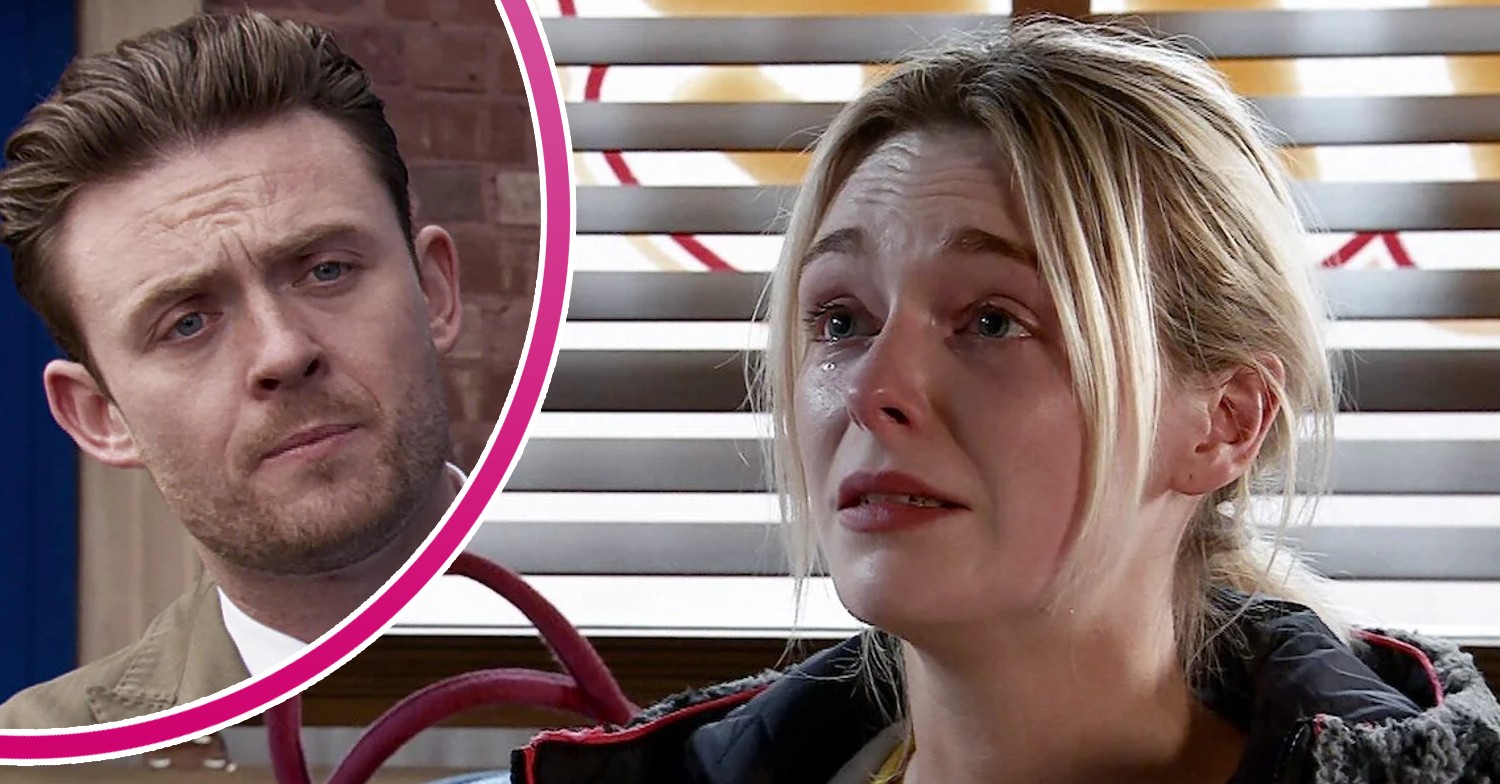 Lauren looks upset on Coronation Street; inset, Joel looking sinister (Credit: ITV/Composite: ED!)