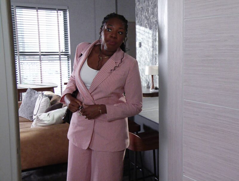 Dee-Dee in Joel's flat on Corrie