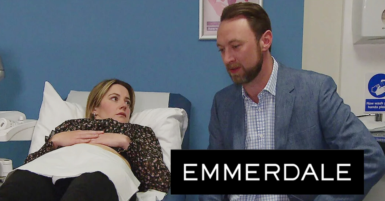 Emmerdale's Ella and Liam are at the hospital, the Emmerdale logo