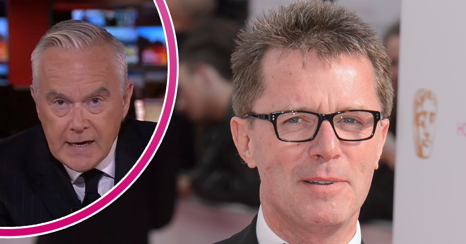 Huw Edwards talking beside Nicky Campbell