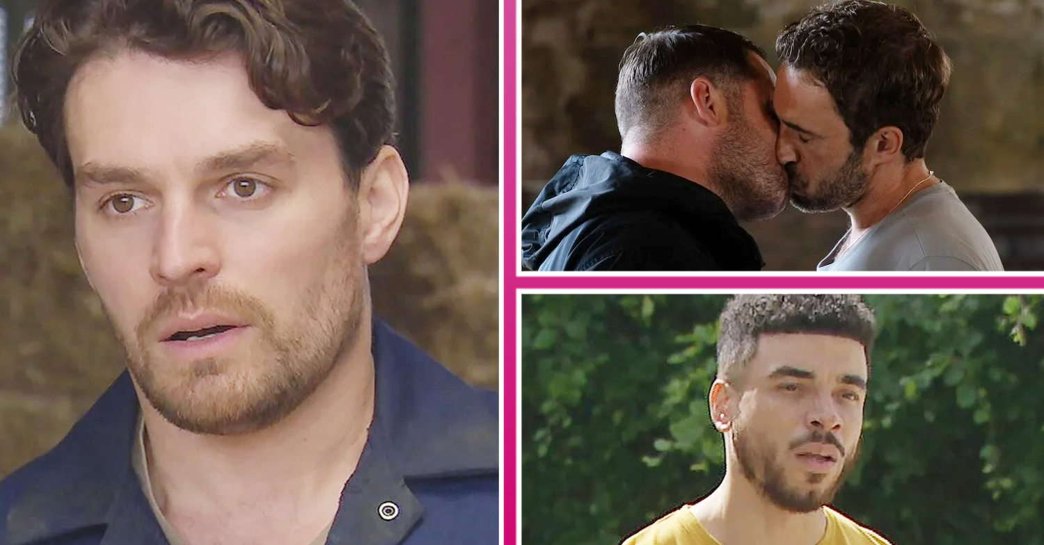 Emmerdale's Mack, Aaron and John kissing, Nate