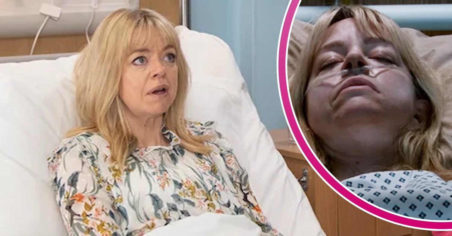 Toyah in a hospital bed, looking shocked; inset, unconscious (Credit: ITV/Composite: ED!)