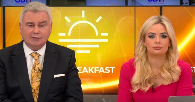 Eamonn Holmes talking beside a frowning Ellie Costello on GB News