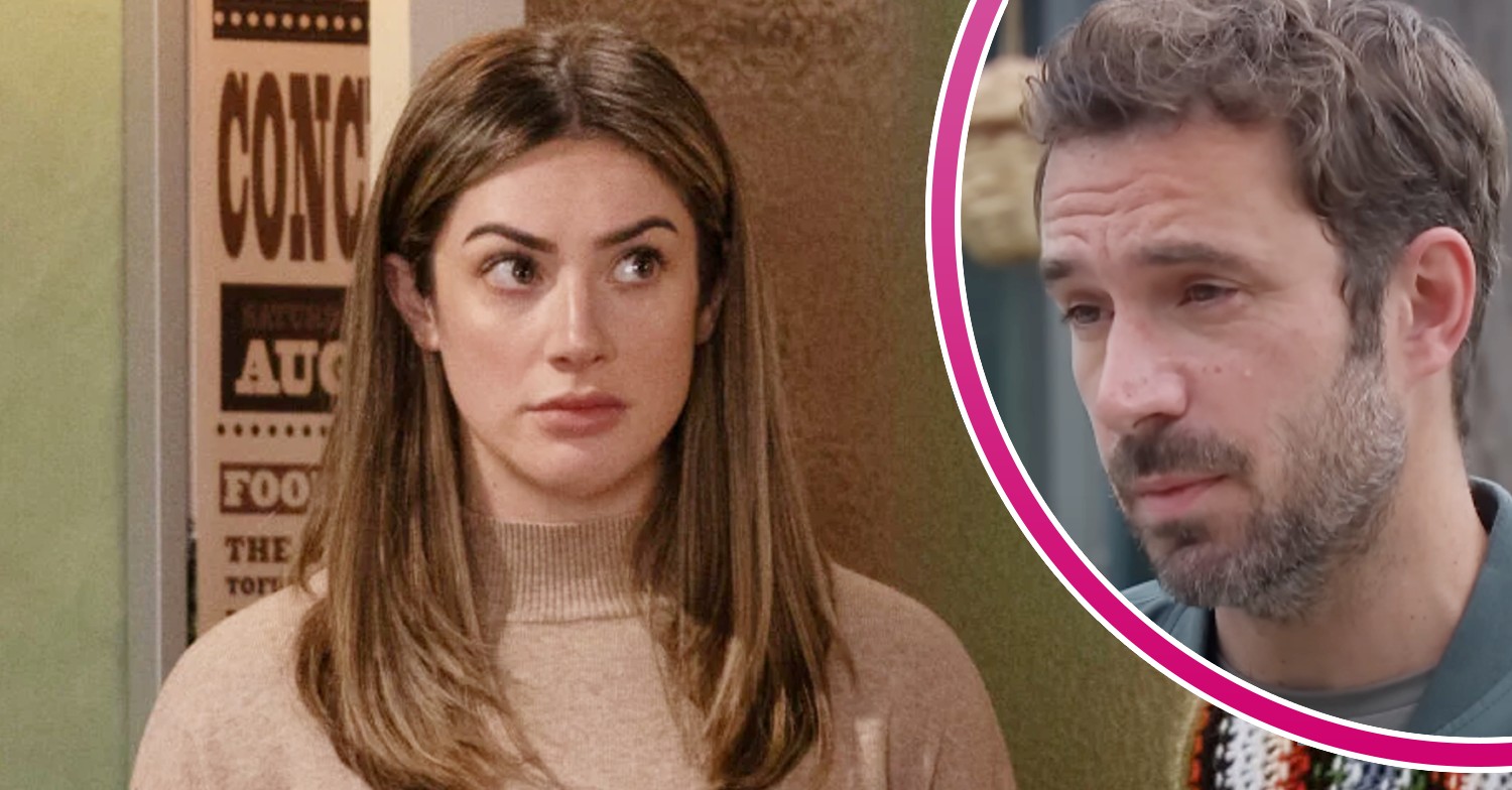 Victoria looks intense on Emmerdale; inset, John Sugden (Credit: ITV/Composite: ED!)