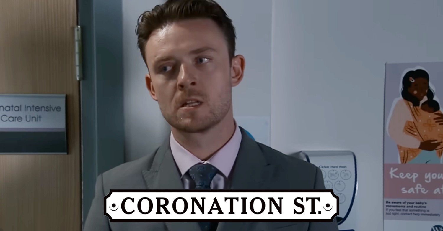 Joel looking stressed on Corrie; soap logo inset (Credit: ITV/Composite: ED!)