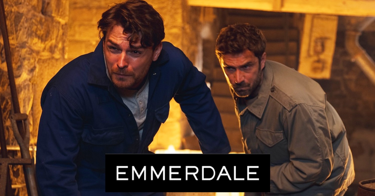Mack and John walk into the barn fire on Emmerdale; soap logo inset (Credit: ITV/Composite: ED!)