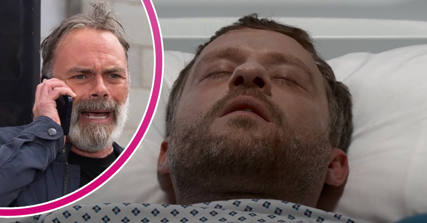 Paul in hospital on Corrie; inset, Billy frantic on the phone (Credit: ITV/Composite: ED!)
