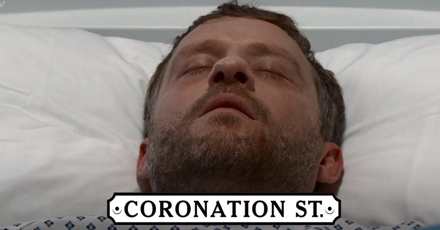Paul in his hospital bed on Coronation Street; soap logo inset (Credit: ITV/Composite: ED!)