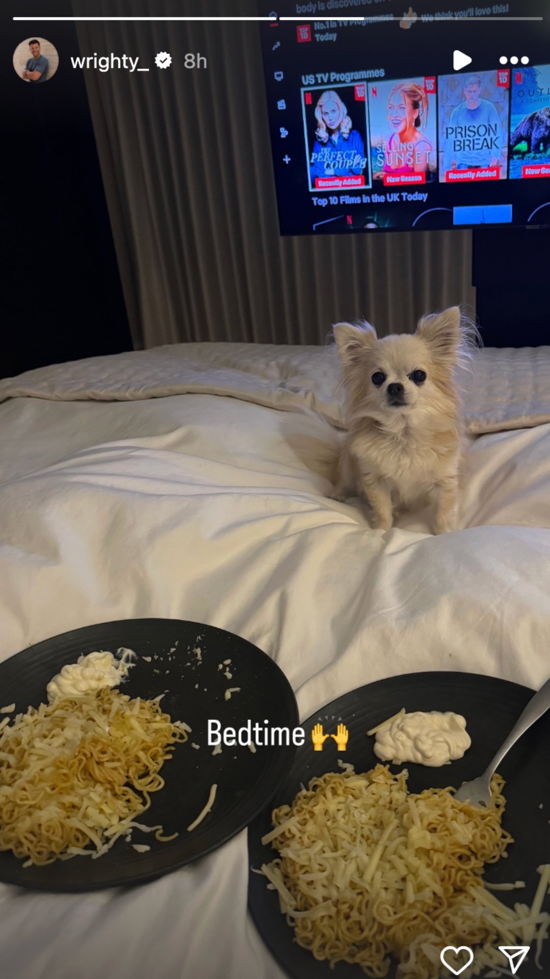 Mark Wright and Michelle Keegan's bowls as they cosy up in bed with dog Pip