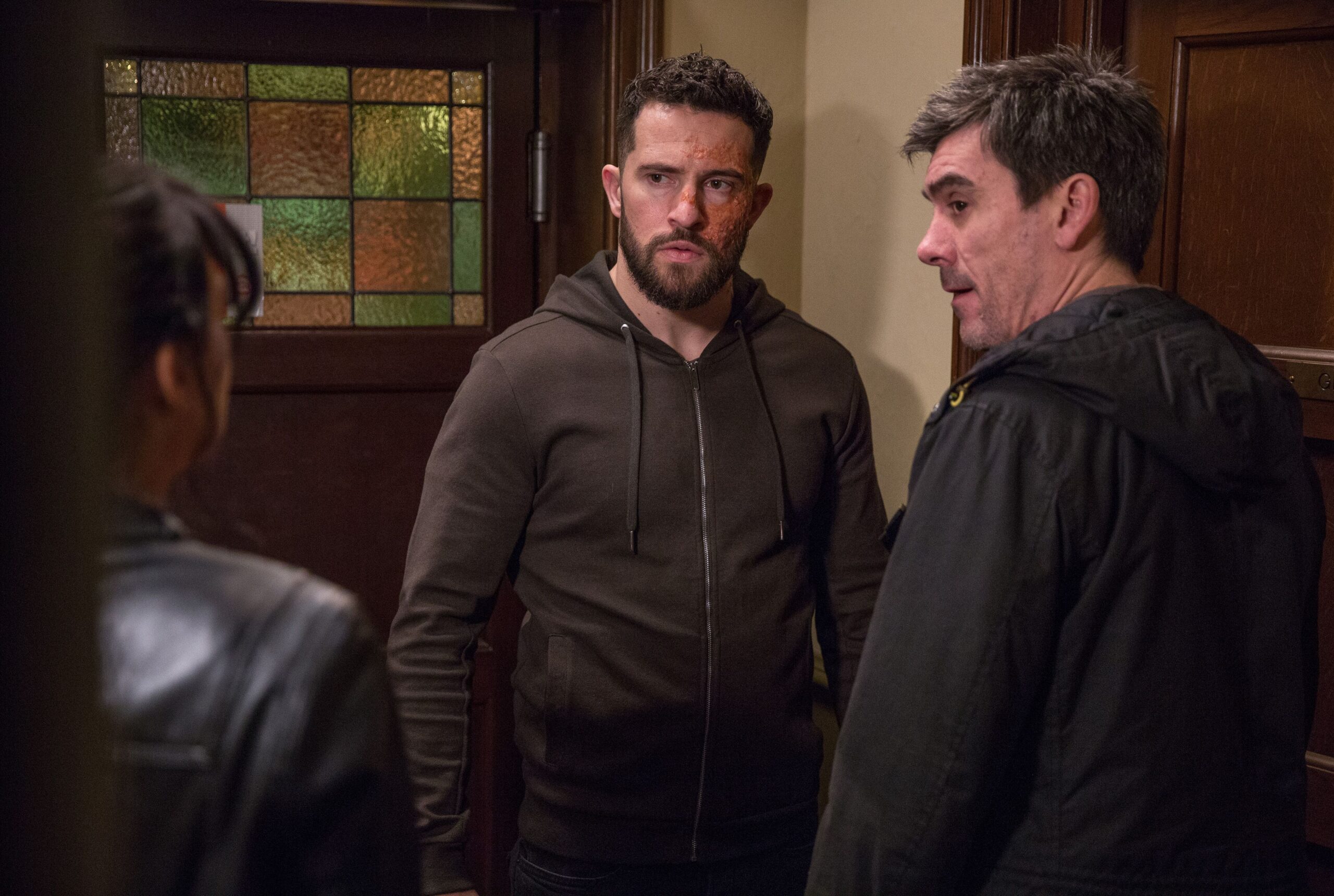 Emmerdale's Ross is talking to Cain and Moira in the pub