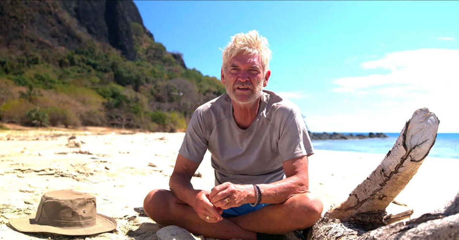 Phillip Schofield sat on a beach in Channel 5 show Cast Away