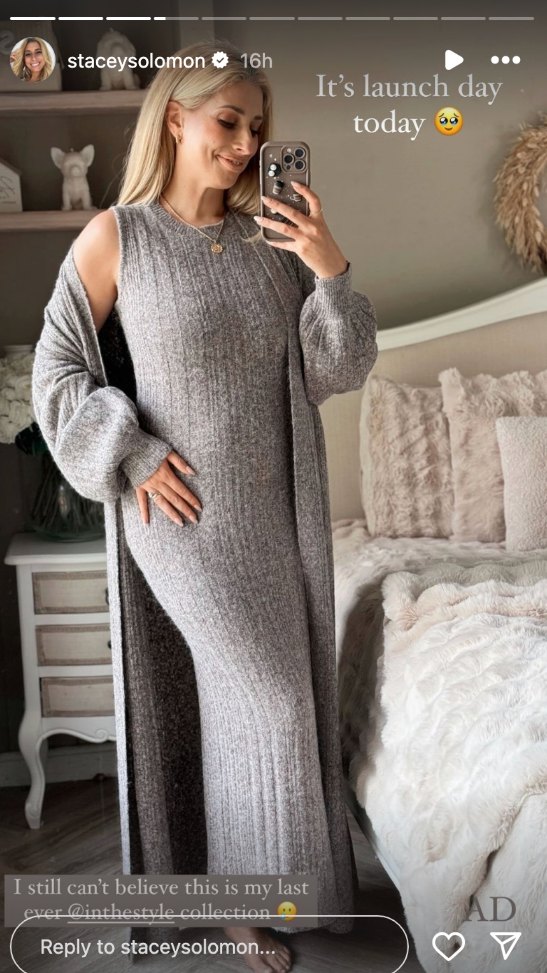 Stacey Solomon wearing a grey dress in a mirror selfie