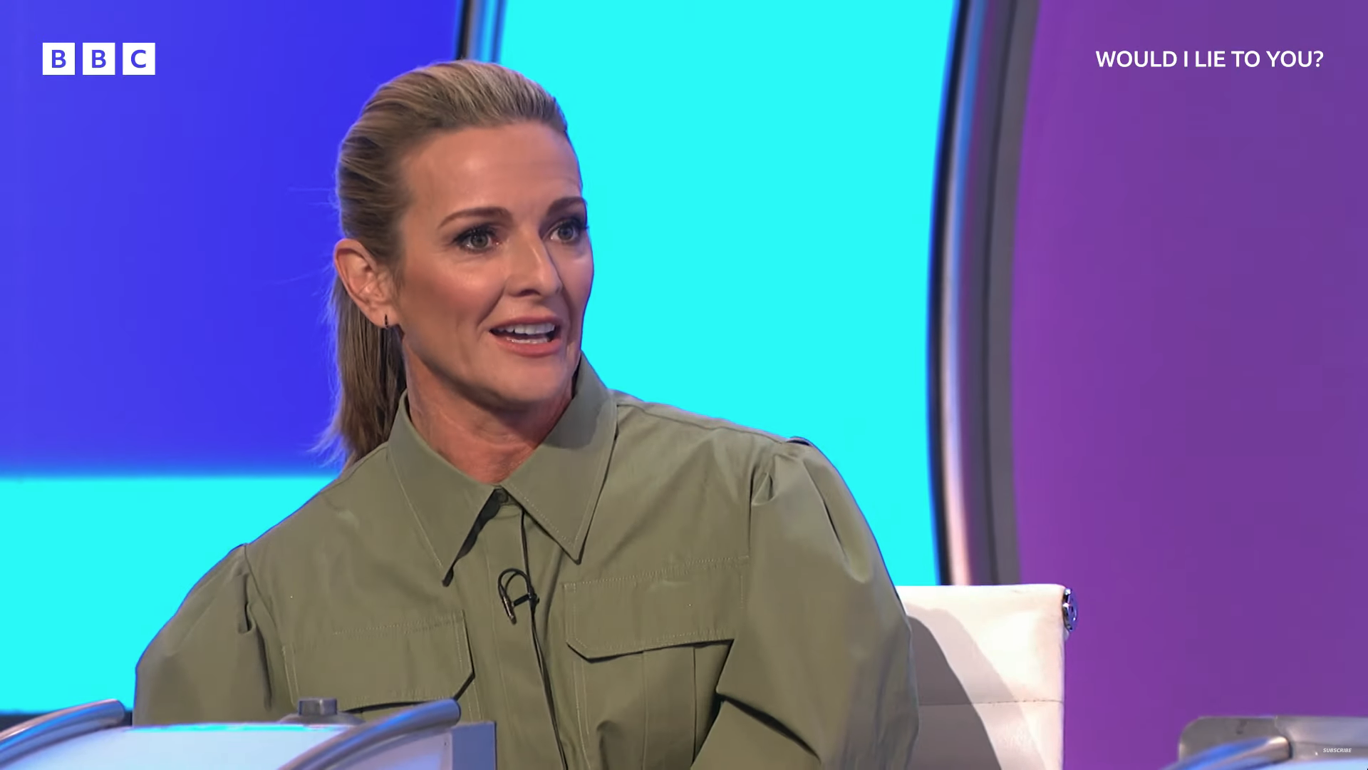 Gabby Logan wearing green on a panel show
