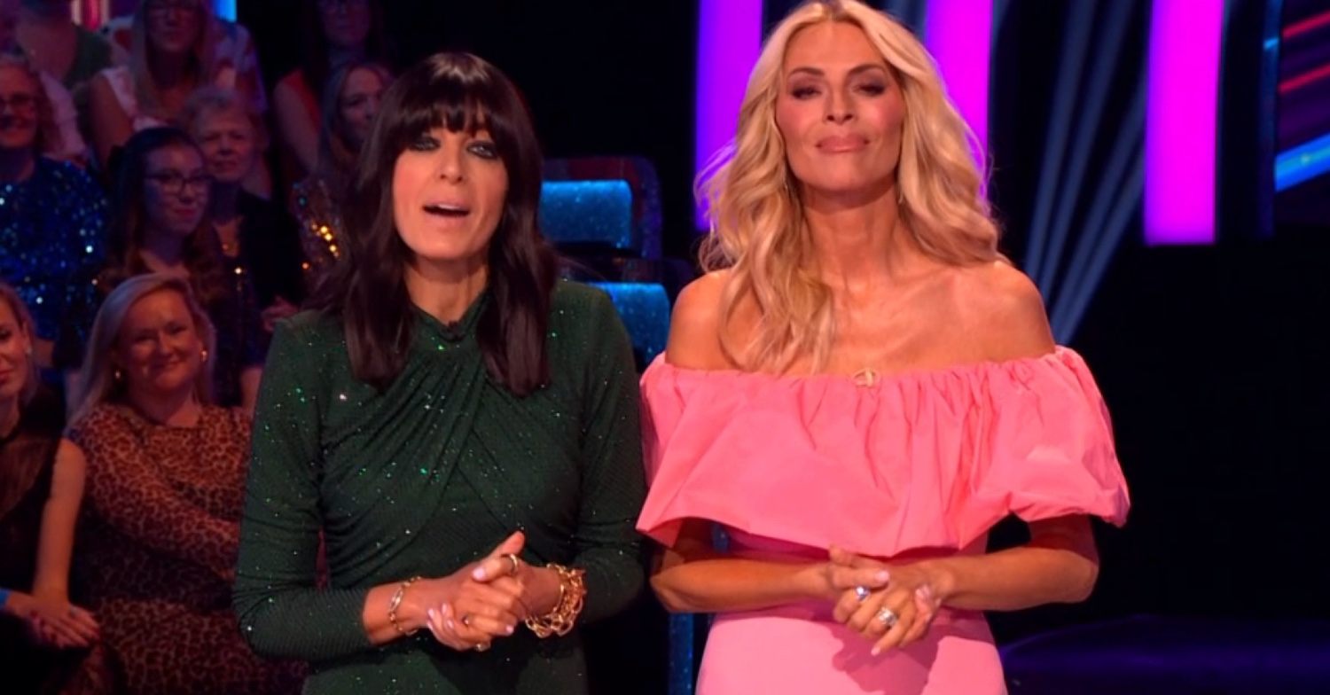 Claudia Winkleman presenting Strictly beside Tess Daly