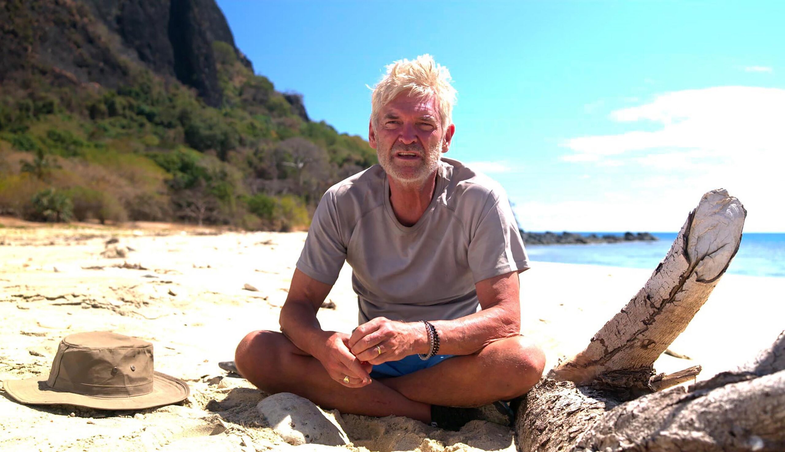 Phillip Schofield sat on a beach on Cast Away