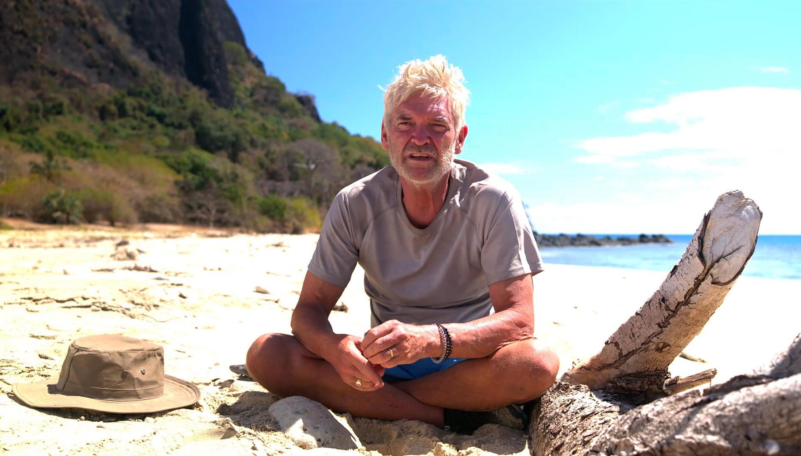 Phillip Schofield sat on a beach on Channel 5's Cast Away
