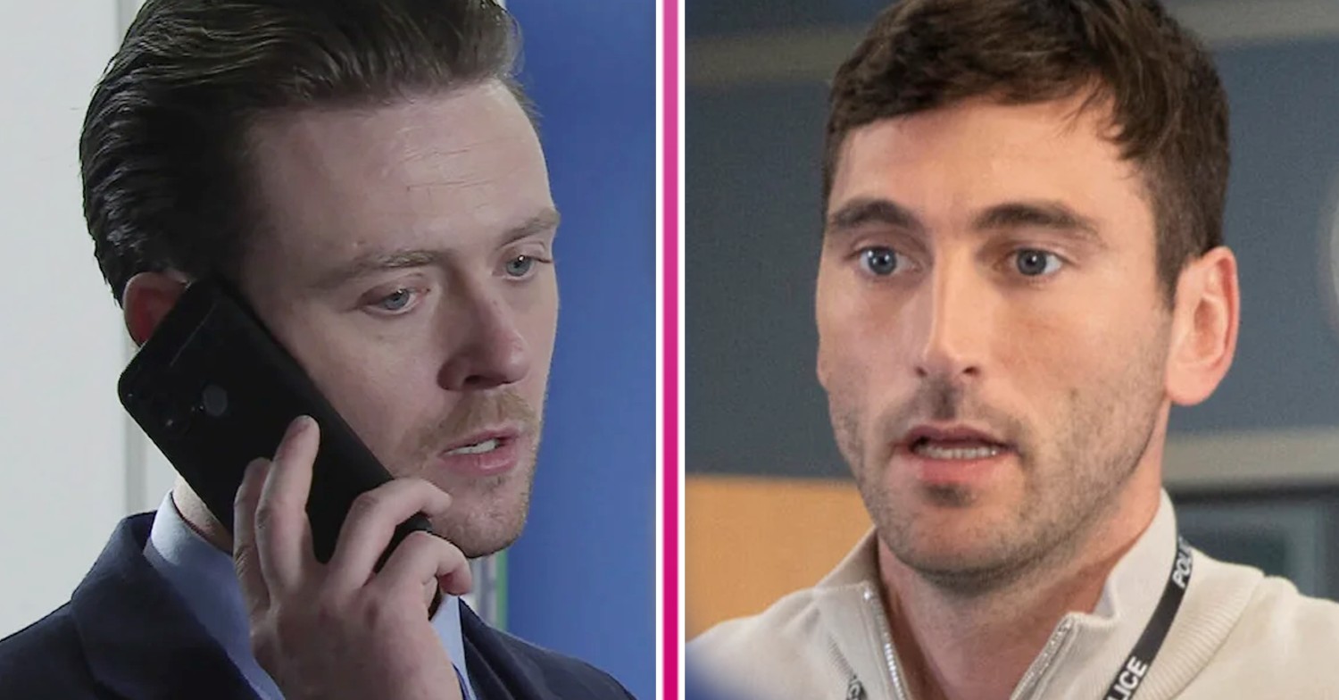 Joel and Kit look serious in Coronation Street