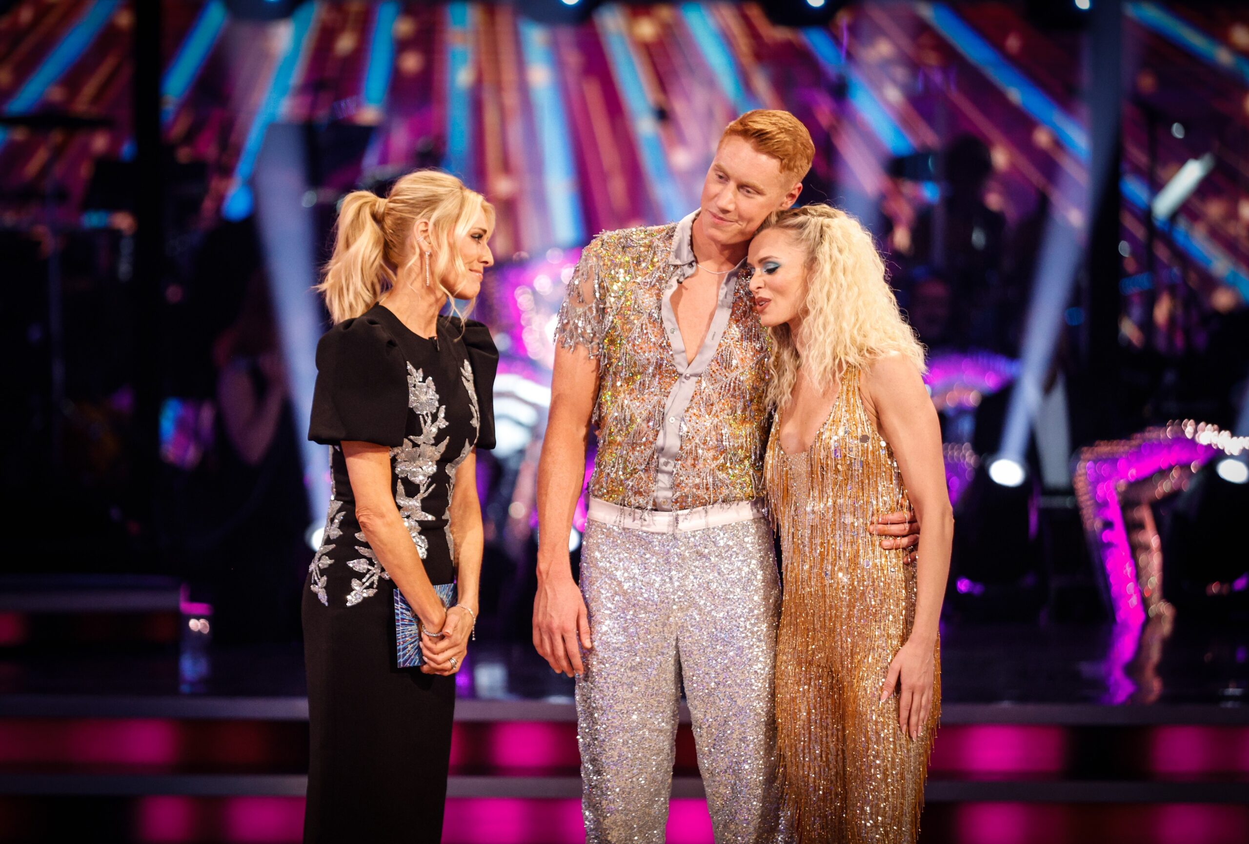 Tess Daly talking to Tom Dean and Nadiya Bychkova on Strictly
