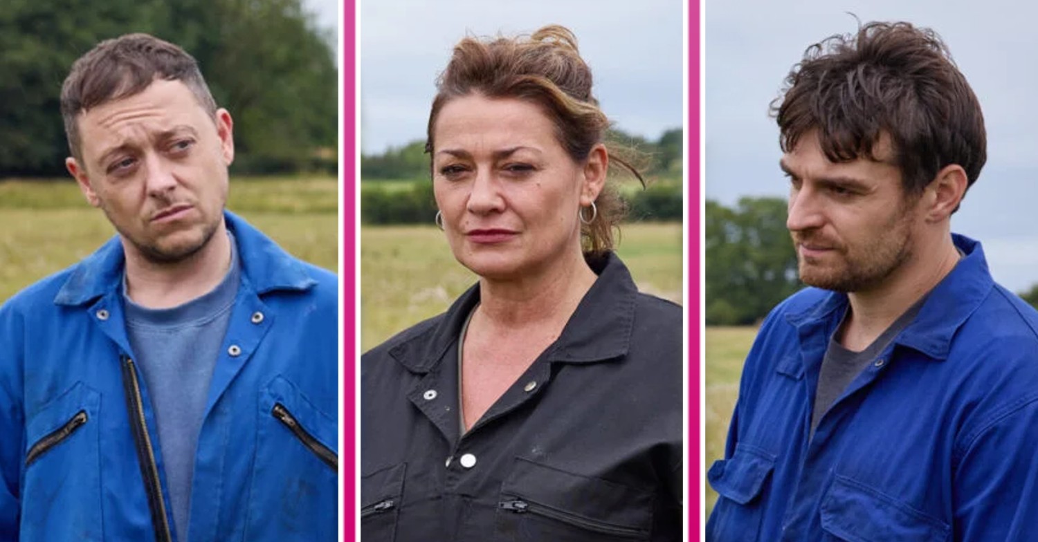 Moira, Mack and Matty look serious on the farm in Emmerdale